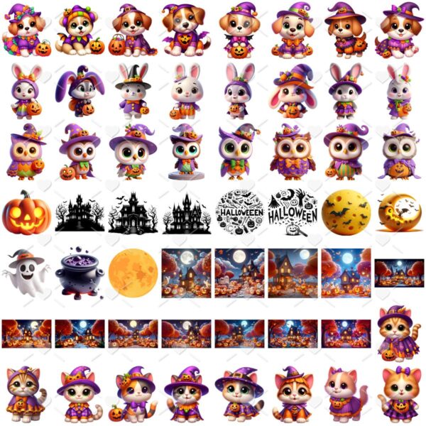 Kit Digital Animais Fofos Halloween Baby Png Ilustrações 3D