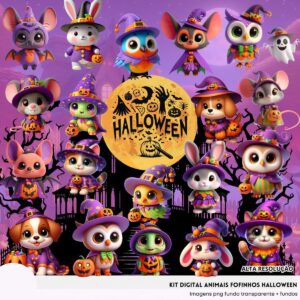 Kit Digital Animais Fofos Halloween Baby Png Ilustrações 3D