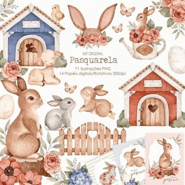Kit Digital Aquarela Páscoa Ilustrações Png Personalizados