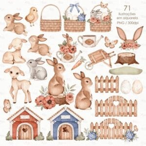 Kit Digital Aquarela Páscoa Ilustrações Png Personalizados