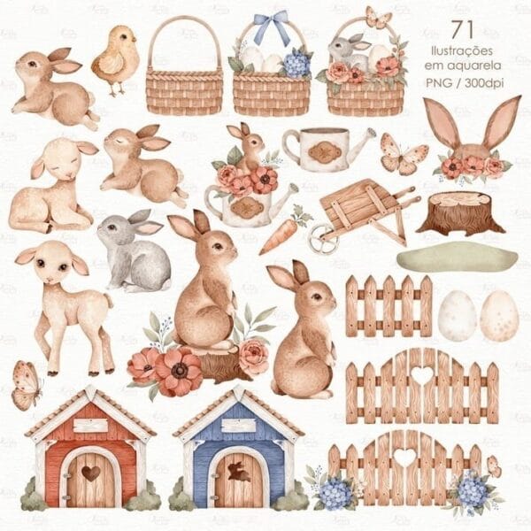 Kit Digital Aquarela Páscoa Ilustrações Png Personalizados
