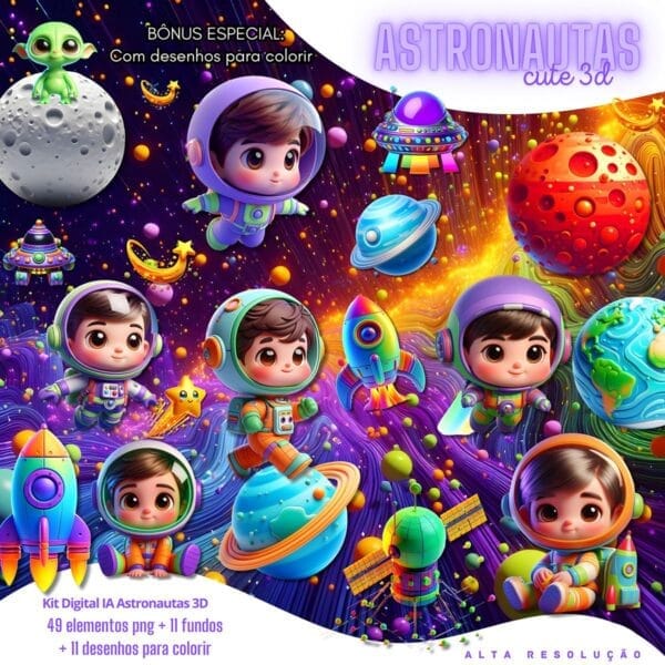 Kit Digital Astronauta Baby Png Ilustracoes 3d Fofo 2