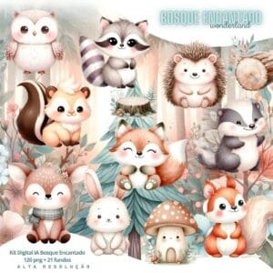 Kit Digital Bosque Encantado 3D Cute Fofo Ilustrações Png