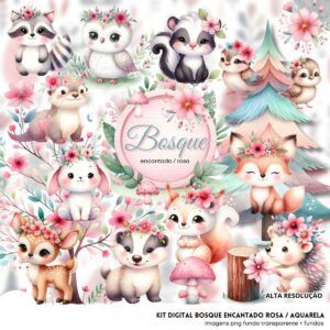 Kit Digital Bosque Encantado Rosa 3D Cute Fofo Ilustrações