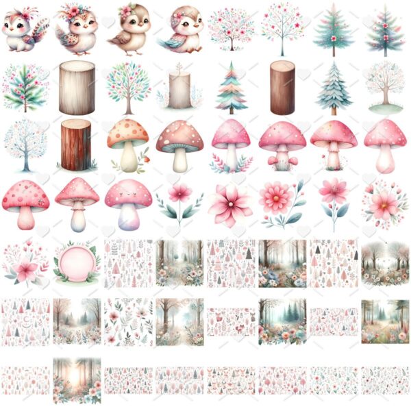 Kit Digital Bosque Encantado Rosa 3D Cute Fofo Ilustrações