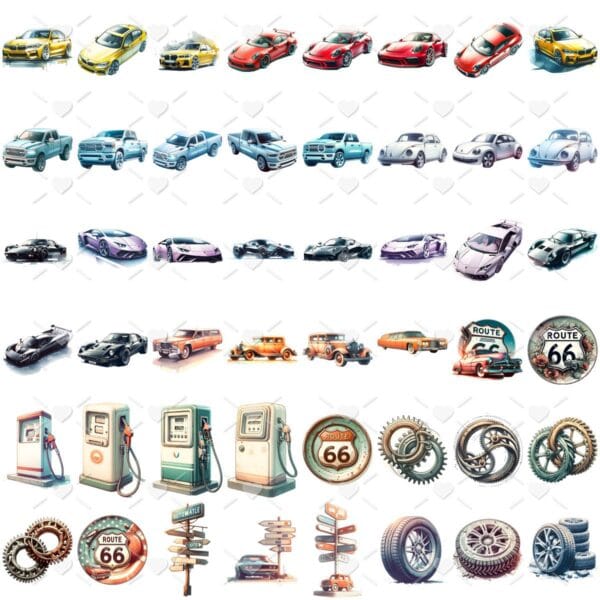 Kit Digital Carros Vintage + Mascotinhos 3D Cute Ilustrações