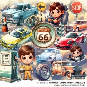 Kit Digital Carros Vintage + Mascotinhos 3D Cute Ilustrações