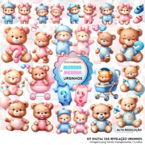 Kit Digital Chá de Bebê Ursinhos 3D Cute Fofo Menina Menino