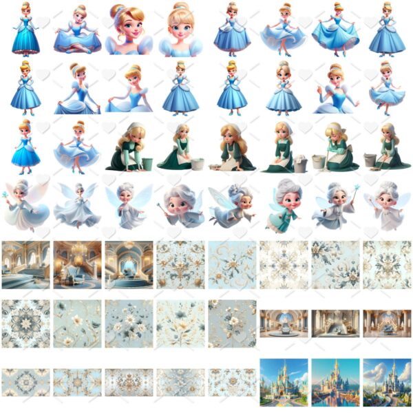 Kit Digital Cinderela Princesa 3D Cute Fofo Ilustrações Png