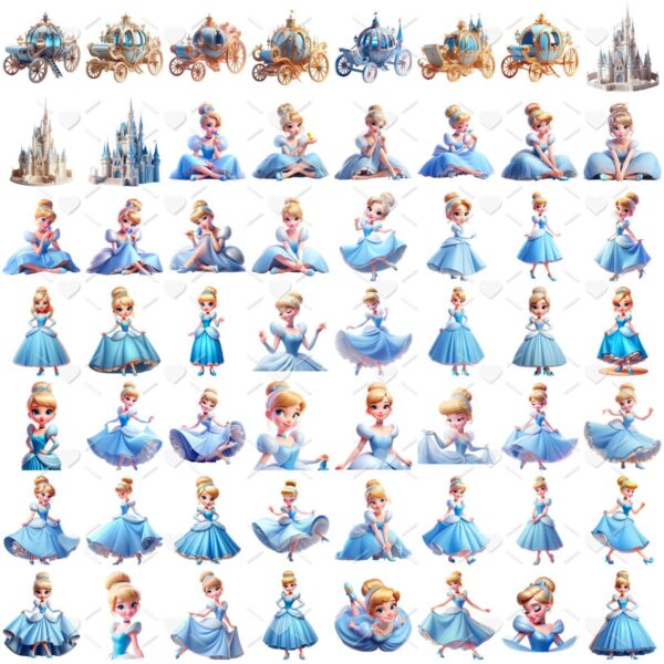 Kit Digital Cinderela Princesa 3D Cute Fofo Ilustrações Png