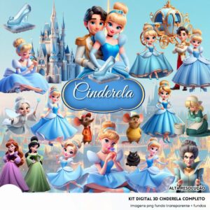 Kit Digital Cinderela Princesa 3D Cute Fofo Ilustrações Png
