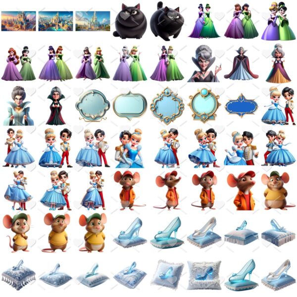 Kit Digital Cinderela Princesa 3D Cute Fofo Ilustrações Png