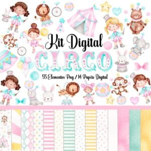 Kit Digital Circo Rosa Aquarelado Ilustrações Png Papelaria