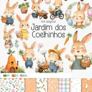 Kit Digital Coelhinhos No Jardim Png Para Projetos Manuais E Papercraft
