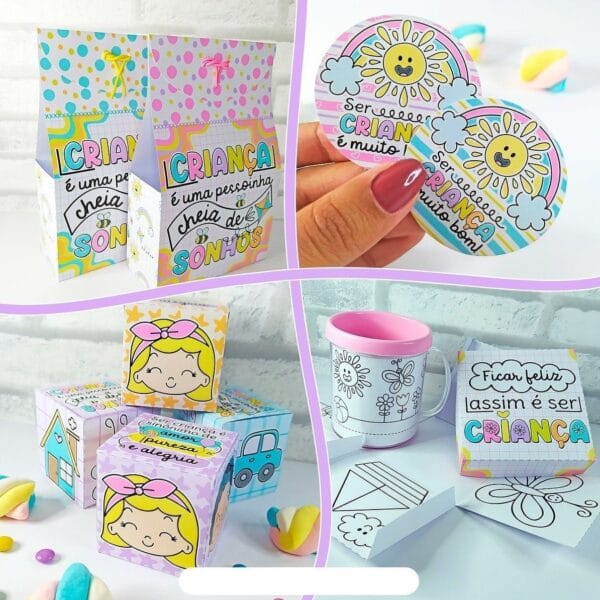 Kit Digital Dia Crianças Personalizados Papelaria Embalagens
