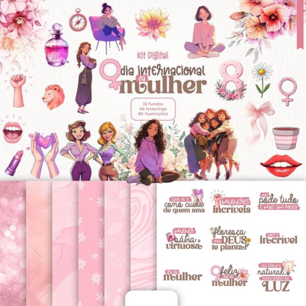 Kit Digital Dia da Mulher 2025 Papéis e Elementos PNG