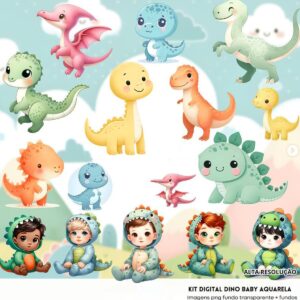 Kit Digital Dino Baby Aquarela 3D Cute Fofo Ilustrações Png