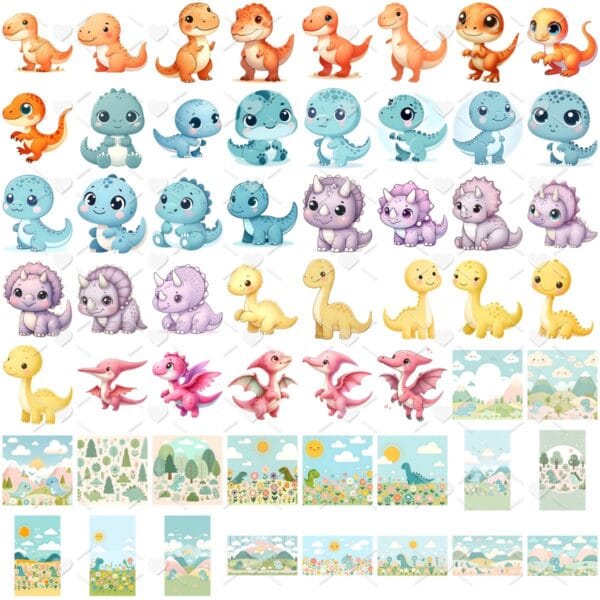 Kit Digital Dino Baby Aquarela 3D Cute Fofo Ilustrações Png
