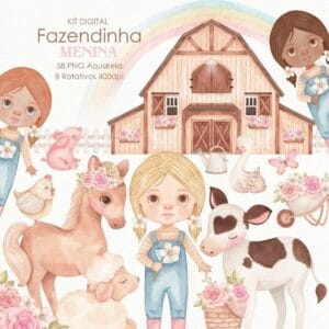 Kit Digital Fazendinha Menina Aquarelado