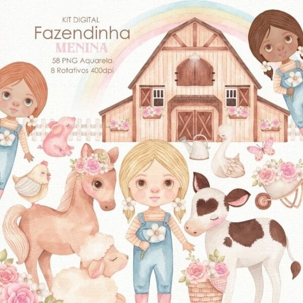 Kit Digital Fazendinha Menina Aquarelado