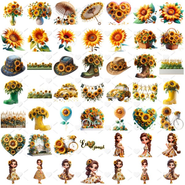 Kit Digital I Love Girassol 3D Cute Fofo Ilustrações Png