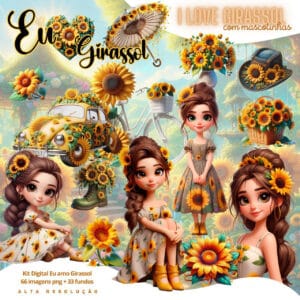 Kit Digital I Love Girassol 3D Cute Fofo Ilustrações Png