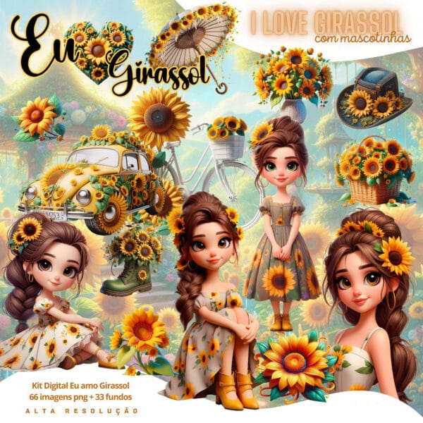 Kit Digital I Love Girassol 3D Cute Fofo Ilustrações Png