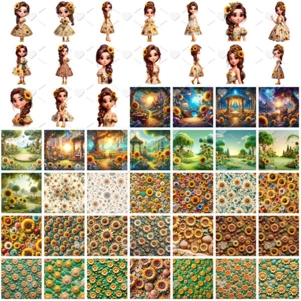 Kit Digital I Love Girassol 3D Cute Fofo Ilustrações Png