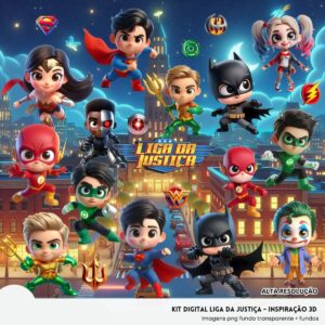 Kit Digital Liga da Justiça 3D Cute Fofo Ilustrações Png