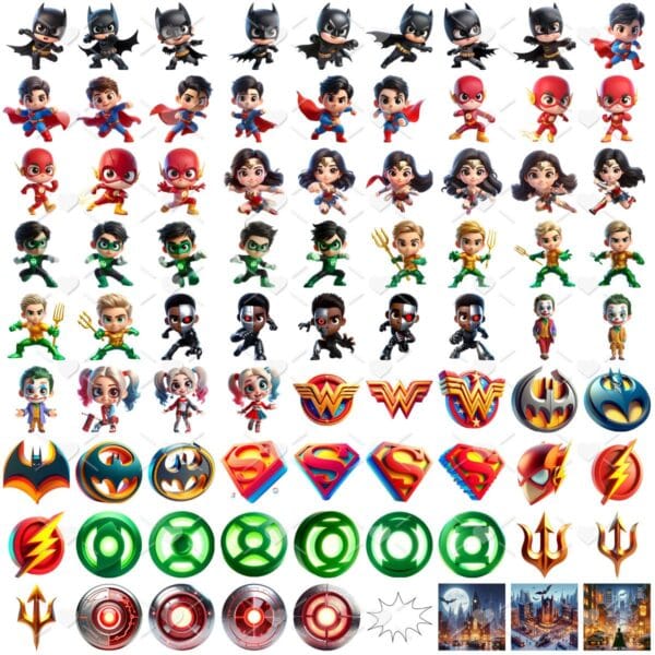 Kit Digital Liga da Justiça 3D Cute Fofo Ilustrações Png