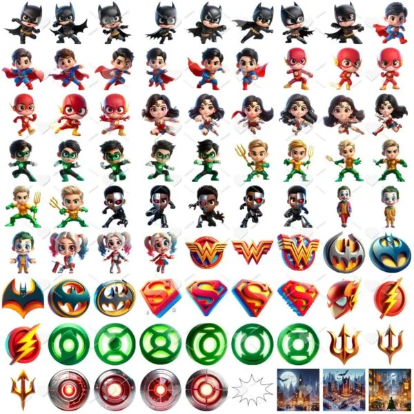 Kit Digital Liga da Justiça 3D Cute Fofo Ilustrações Png
