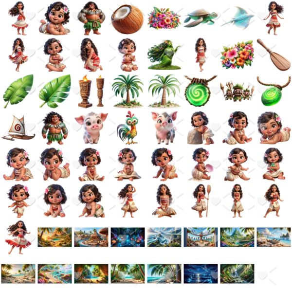 Kit Digital Moana 3D Cute Fofo Ilustrações Png Transparente