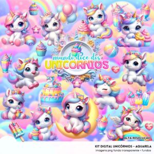 Kit Digital Mundo Doce dos Unicórnios Aquarela Ilustrações