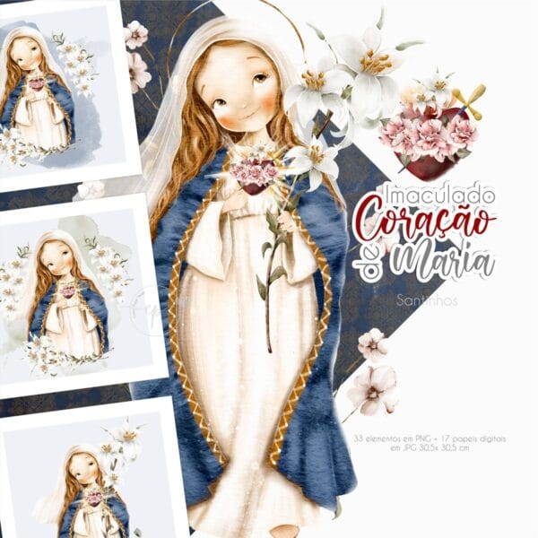 Kit Digital Santinhos Imaculado Coração de Maria Católico
