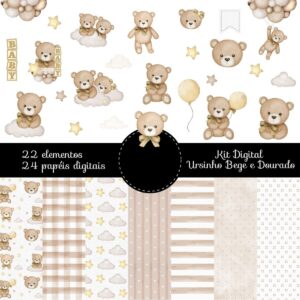 kit digital ursinho bege com dourado png elementos