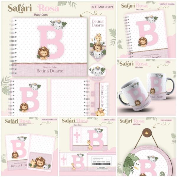 Kit Encadernação Baby Safari Rosa Inicial - Arquivo Digital