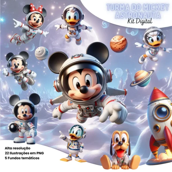 Kit Festivo Mickey Astronauta - Arquivos em PNG para DIY