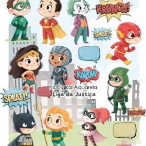 Kit Liga da Justiça Estilo Aquarela - Arquivo Digital PNG