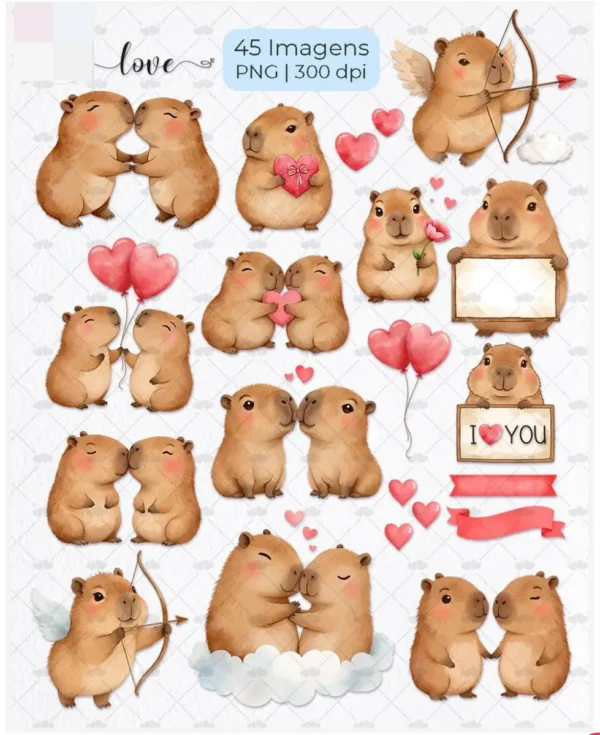 Kit PNG Capivara Apaixonada - Decoração Romântica Dia dos Namorados