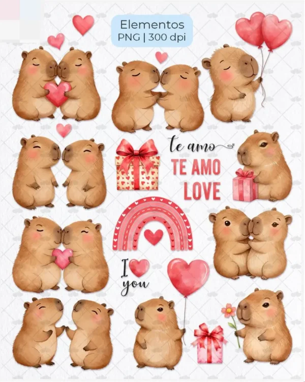 Kit PNG Capivara Apaixonada - Decoração Romântica Dia dos Namorados