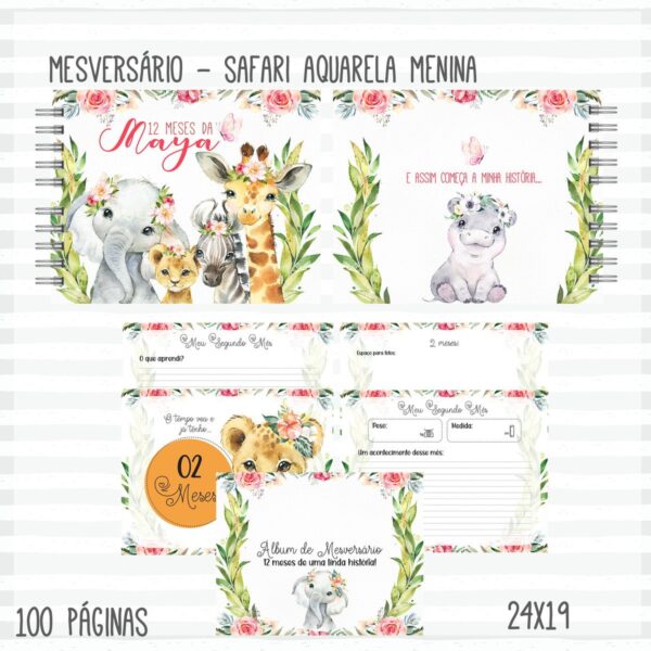 Livro Mêsversário Safari Aquarela Menina - Arquivo Digital
