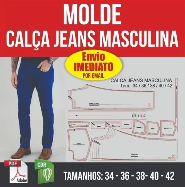 Molde Calça Jeans Trad. Masculina - Modelagem Em Pdf E Corel