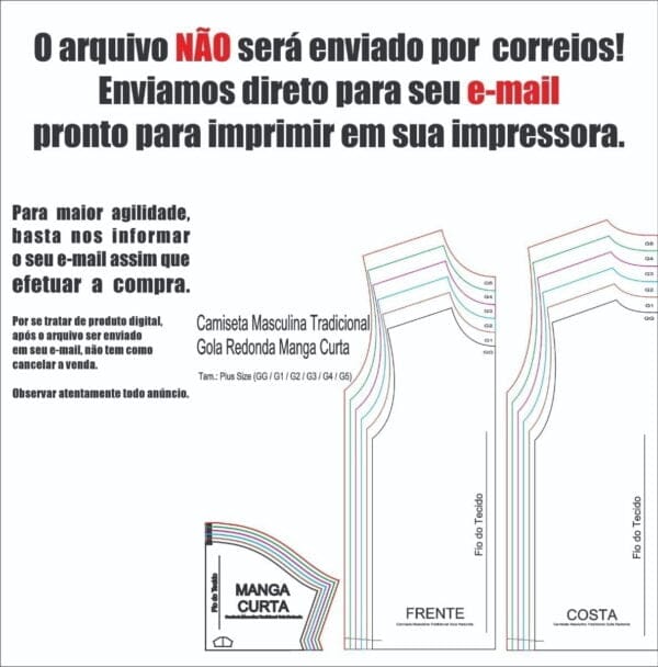 Molde Camiseta Tradicional Masculina, Plus Size