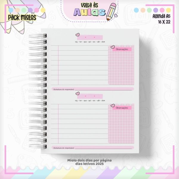 Pack Miolo Agendas Escolares A5 2025 - Arquivo Digital