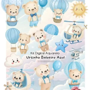 Pacote Criativo Ursinho Aquarela com Balões - PNG