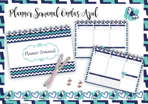 Planner Semanal Horizontal Ondas Azuis - Arquivo Digital