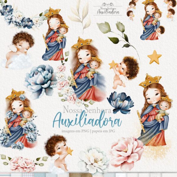 Santinhos Nossa Senhora Auxiliadora Kit Aquarelado Png