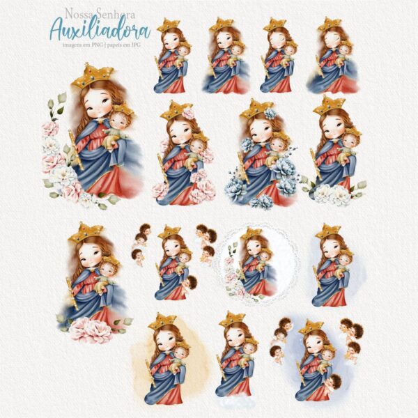 Santinhos Nossa Senhora Auxiliadora Kit Aquarelado Png