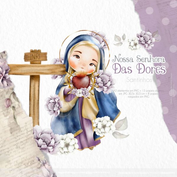 Santinhos Nossa Senhora das Dores Kit Digital Aquarelado Png