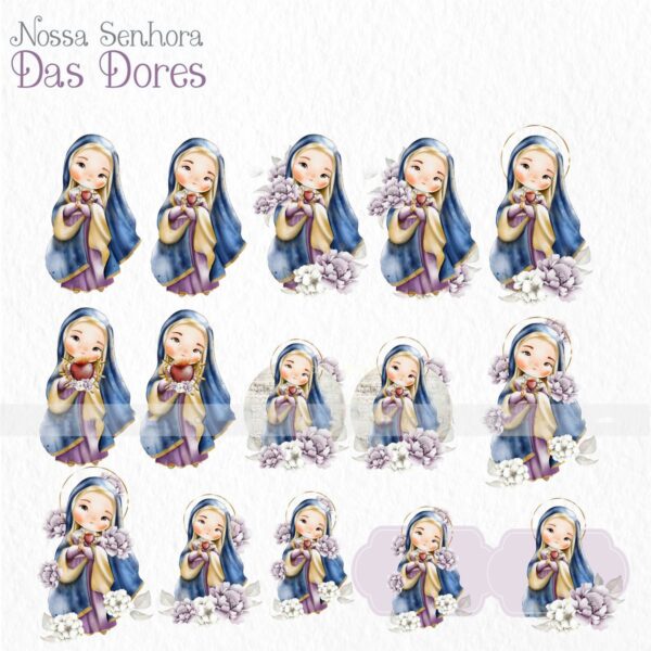 Santinhos Nossa Senhora das Dores Kit Digital Aquarelado Png